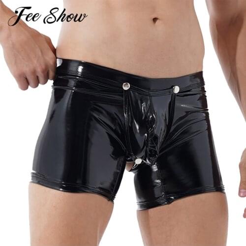 Wetlook Patent Leather Trunks Low Rise Boxer Briefs Underwear Open Crotch Bulge Pouch Shorts Underpants for Men Exotic Hot Pants