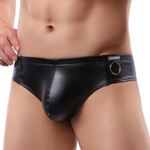 Sexy Mens Black Faux Leather Underwear Mini Briefs Male Elastic Underpants Gay Sexy metal ring decoration Lingerie Calzoncillos