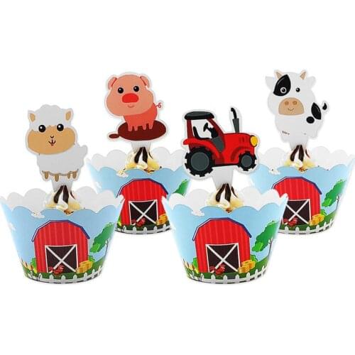 24pcs Cupcake Decoration 12pcs Wrappers 12pcs Toppers For Children Kids Farm Animal Cow Piggy Sheep Birthday Party Supplies