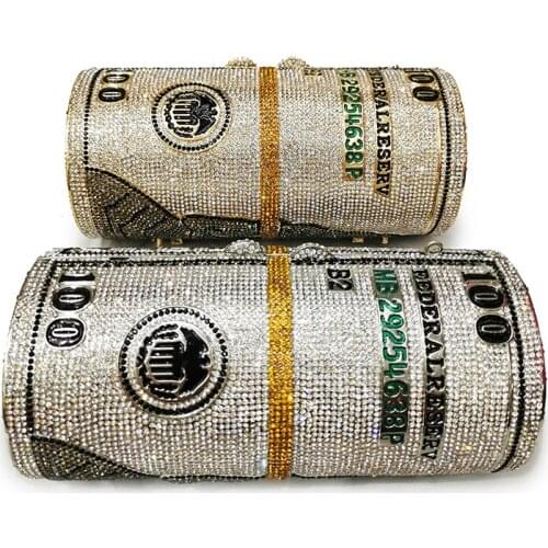 High-End Cylindrical Diamond Money Clutch Handbags Women USD Dollars Bags Design Evening Wedding Party Purse Prom Crystal Bag