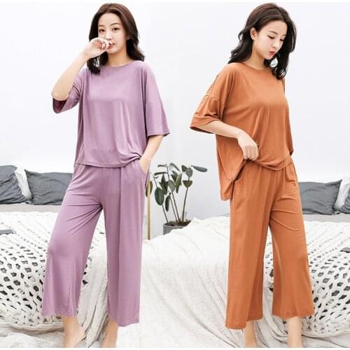 Summer 2 Piece Set Women Modal Homewear Loose Plus Size Girl Sleepwear Short Sleeve Wide Leg Pants Set Lady Two Piece Pajama Set