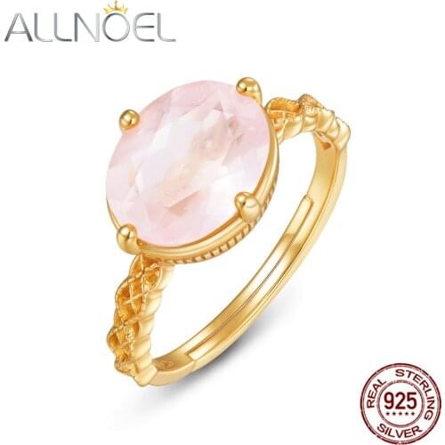 ALLNOEL 925 Sterling Silver Engagement Rings for Women Oval Natural Rose Quartz Adjustable Ring 2020 Trend Fine Jewelry