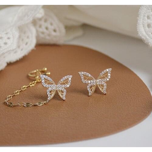 Charm 14K Real Gold Zirconia Butterfly No Pierced Ear Women Earring Elegant Ear Bone Clip Earrings Engagement Jewelry Pendant