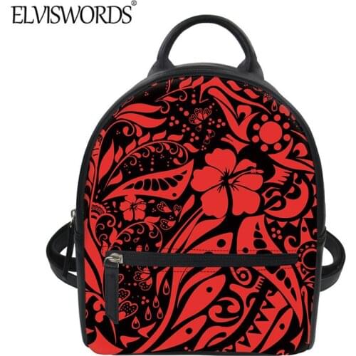 ELVISWORDS Red Polynesian Tribal Flowers Print Women Fashion PU Mini Backpack Casual Travel Pack Durable Shoulder Bag Handle