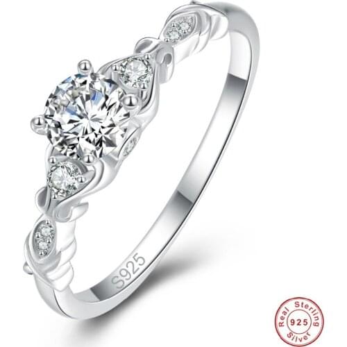 Elegant Ladies Fine Jewelry Clear 5MM White CZ S925 Sterling Silver Rings for Women Wedding Fashion Accessories With Box