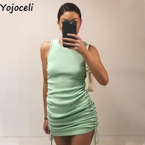 Yojoceli Sexy pleated knitted short dress women Summer elegant o neck bodycon dress Casual fitness white dress vestidos