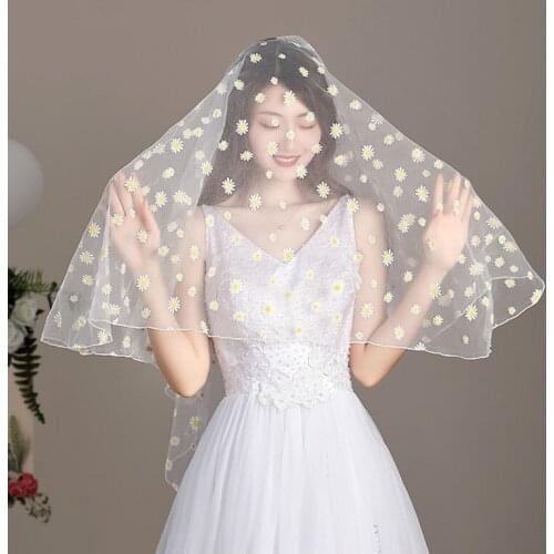 2021 New Pencil Edge Daisy Flower Bride Wedding Photo Veils 1 Layers Short Velos De Novia Accessorie Mariage Collection NO Comb