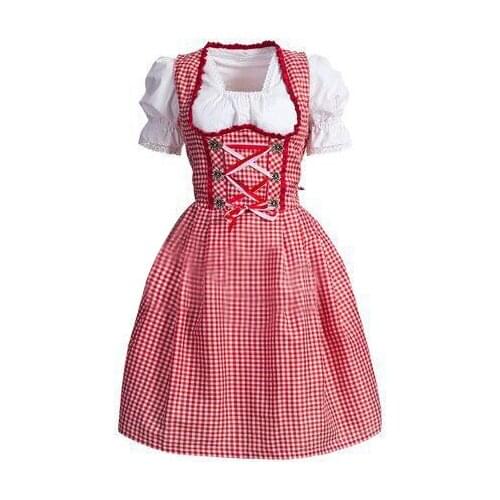 Free Shipping Oktoberfest Beer Festival October Dirndl Dress Apron Blouse Gown Red Lattice German Bavarian Cosplay Costume