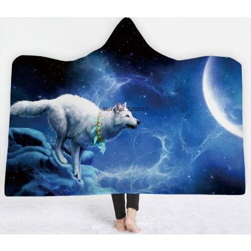 Dog Wolf 3D Print Hoodie Blanket Coral Fleece Hooded Blanket Winter Warm Travel Airplane Sofa Bed Picnic Throw Blanket Kids