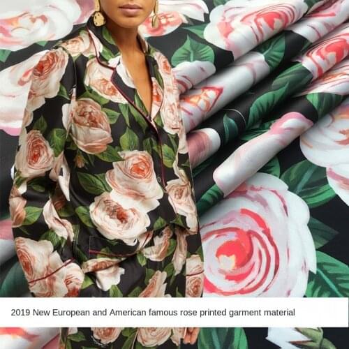 Rose printed stretch satin polyester fabric cloth 145 cm width fashion womens shirt sewing children DIY fabric for dress