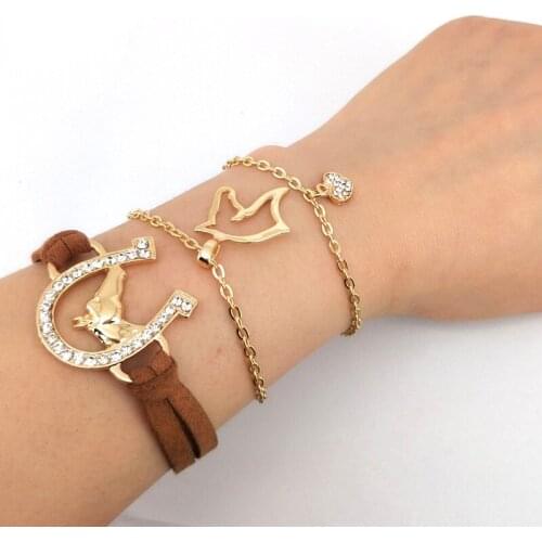 Hzew 3 pcs/set Leather rope horse head crystal heart bracelet horse bracelets