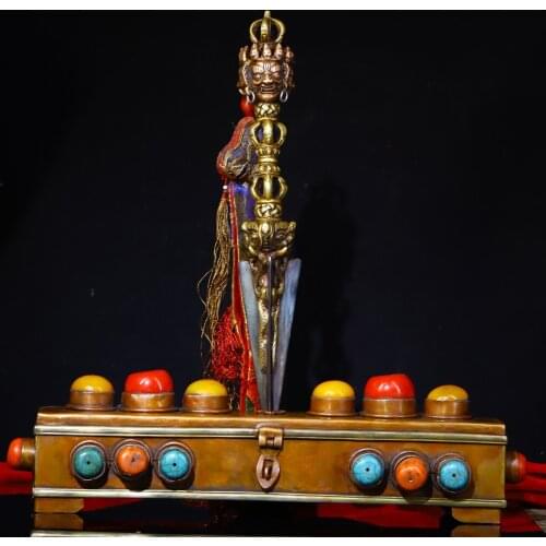 15"Tibet Temple Collection Old Bronze Three-sided Mahakala Dorje Vajra Phurpa Box mosaic gem set Ornaments Town House
