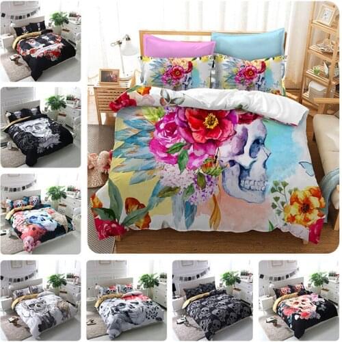 Colorful Skull&Floral Duvet Cover Set queen king Super Soft Bedclothes Flowers Printed Bedding Set Luxury 3D sugar skull textile