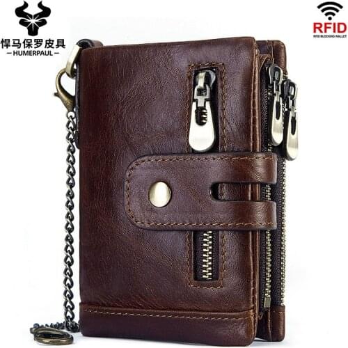 Fashion RFID Mens Genuine Leather Wallet Casual Multi Card Position Credit Card Holder Male Coin Purse with Separable Chain