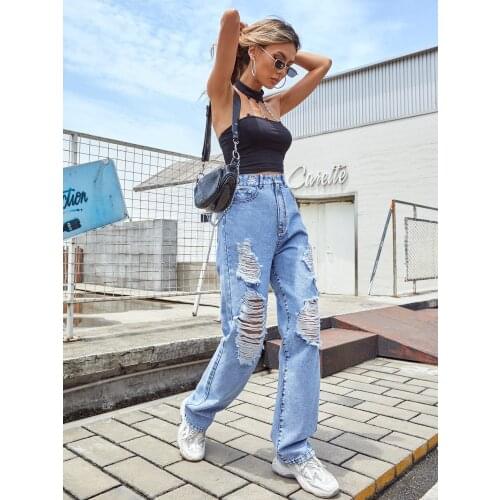 2021 net celebrity fried street boyfriend loose jeans womens new straight high waist wide leg ripped casual pants