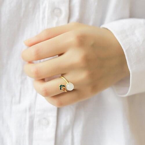 New 925 sterling silver original design ancient fa-gilt ring natural hetian jade enamelled chinese-style open ring web celebrity