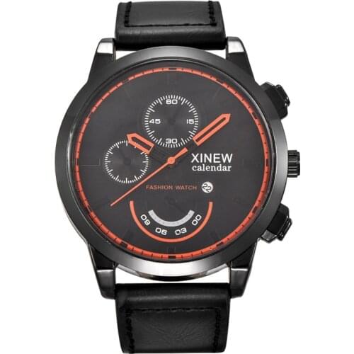 XINEW Brand Big Watches Mens Fashion Simple Date Leather Band Quartz Wristwatches Male Sports Vintage Watch Relogio Masculino