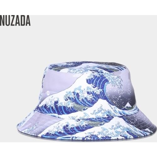 NUZADA New Wave Pattern Men Bucket Hats Summer Fisherman Hat for Women Reversible Hip Hop Bucket Cap Cotton Unisex Easy to Pack