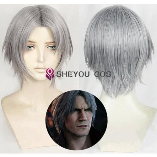 New Game Dante Cosplay Wig Short Silver Hair Heat Resistant Cosplay Costumes Halloween Cos Hair Wigs + Wig Cap