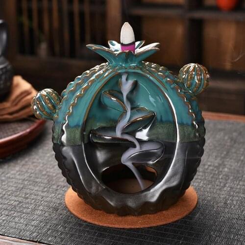 Smoke Waterfall Incense Sticks Holder Cute Cactus Shape Creamic Backflow Incense Burner Gift 20 Pcs Cones Creative Home Decor