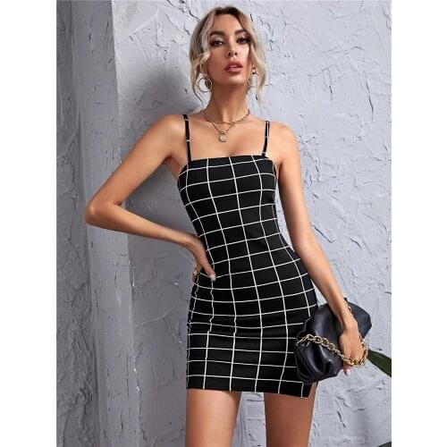 Plus Size Summer Women Sexy Plaid Suspender Dress Fashion Backless Houndstooth Tight Bodycon Split Mini Dress