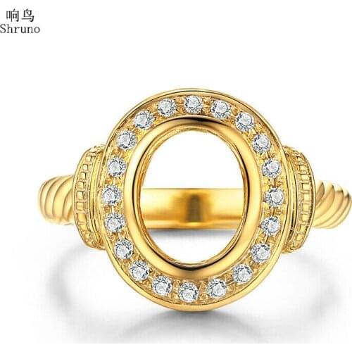Shruno Solid 10K Yellow Gold 0.2ct SI/H Real Natural Diamond Fine Wedding 10x8mm Oval Semi Mount Ring Women Trendy Fine Jewelry