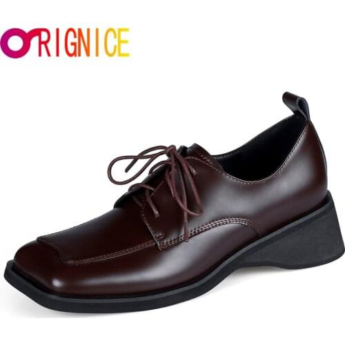 Orignice Women Patent Leather New Spring British Style Low Heels Pumps Black Strange Square Toe Lace Up Party Prom Casual Shoes