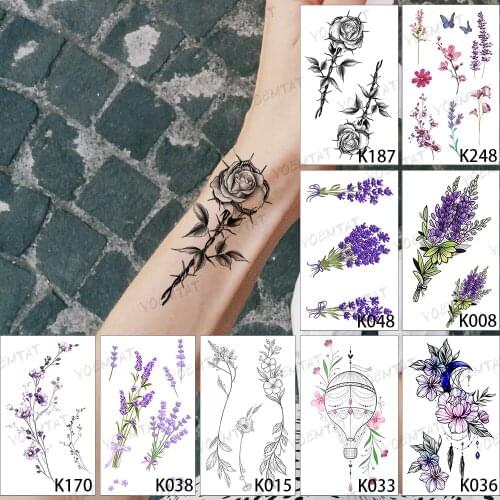 9pcs Waterproof Temporary Tattoo Sticker Plant Set Rose Lavender Peony Daisy Flash Tatoo Woman Wrist Arm Body Art Fake Tatto Man