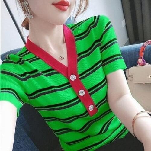 Green 2021 Summer Top Shirts V-neck T Shirt Women Short Sleeve Casual tshirts black Strip T-Shirt Fashion Women Lady Shirt