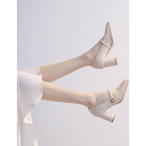 2021 womens shoes thick heel summer pearl high heels Pumps women Mary Jane shoes spring new Luxury designer Ladies Shoes