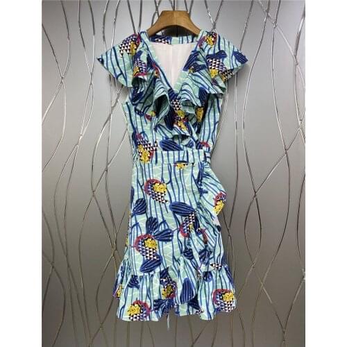 High Quality Summer Dress 2021 Fashion Women V-Neck Abstract Print Ruffle Patchwork Slim Fitted A-Line Casual Sexy Club Dress