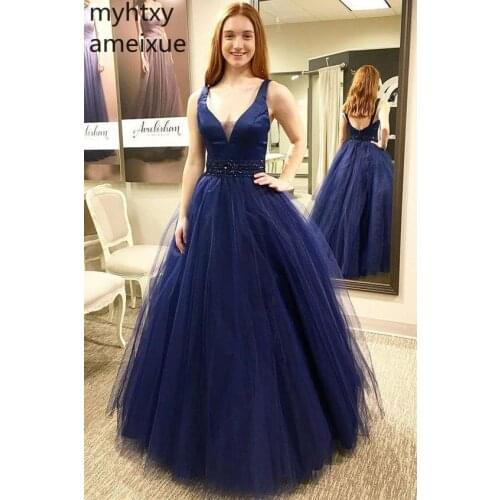 New Arrival Sapphire Sapphire Blue Plus Size Evening Dresses 2020 V Neck Backless Shining Crystal Sashes Elegant Sleeveless Gown