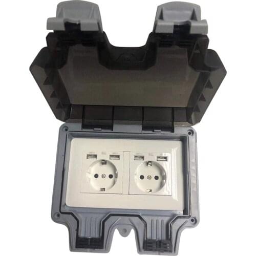 16A IP66 Weatherproof Waterproof USB EU Standard Electrical Power Wall Outlet with Cover Outdoor Bathroom Wall Electric Socket