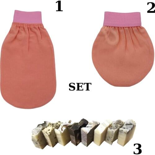 100% Turkish Silk Bath Glove Premium Set Skin Whitening Bath Glove Face Mitt and Handmade 66% Laurel 34% Olive Oil Soap