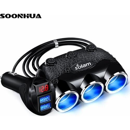 SOONHUA Dual USB Port Car Charger 3.1A USB Charger Voltmeter Voltage Display With 3 Way Car Cigarette Lighter Socket Splitter