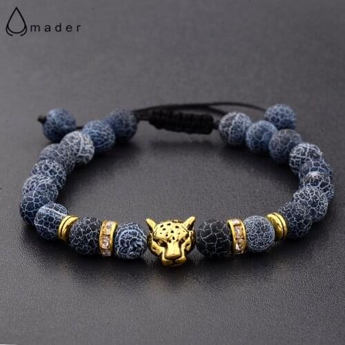 Amader Gold Leopard&Owl Head Bracelet Men Natural Stone Weathering Beaded Braided Bracelet Women Pulseras Hombre Wholesale