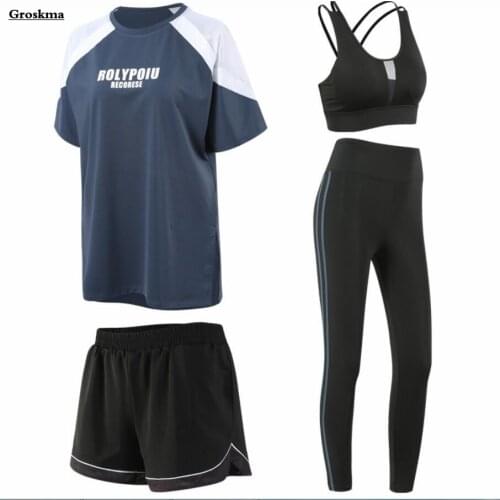 Quick Dry Sportswear Women Yoga Suits Plus Size Fitness Gym 2/3/4 Piece Sets Loose T Shirt+Bra+Shorts+Leggings Outdoor Running