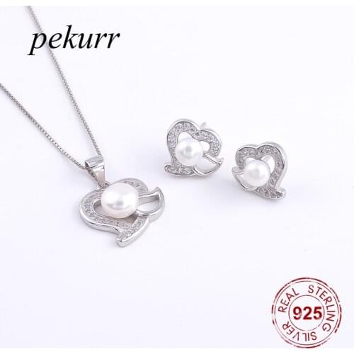 Pekurr 925 Sterling Silver Zircon Heart Cloud Freshwater Natural Pearl Earrings Necklace Sets For Women Wedding Pendants Jewelry