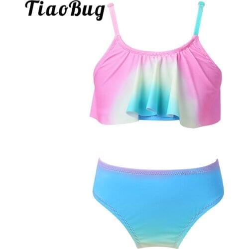 TiaoBug Summer Kids Adjustable Straps Colorful Swimwear Beach Swimsuit Bathing Suit Ruffled Tops with Bottoms Girls Tankini Set