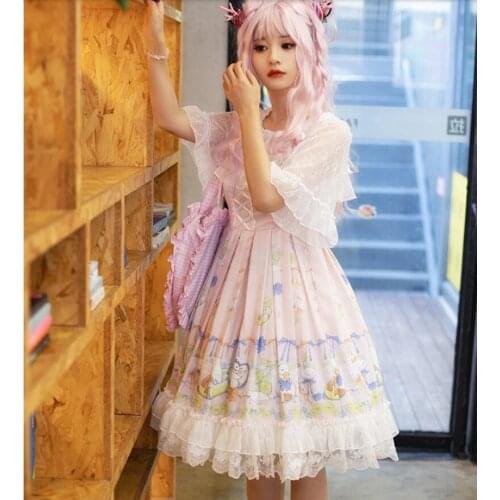 Cute Kawaii Design Lolta Cartoon Print JSK Sleeveless Vintage Dress Cos Lolita Pink Sweet Princess Dress Loli Tea Party Vestidos