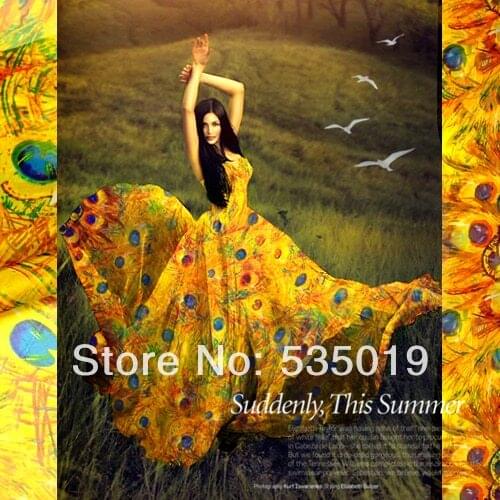 Fashion Tissu Dessin Silk Chiffon Fabric For One-piece Dress Peacock Prints Pellow Feather 100% Silk Fabric Wholesale And Retail