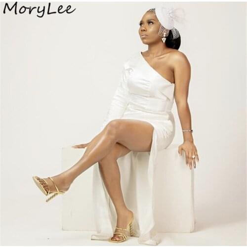 Fashion Prom Dresses One Shoulder Spandex Satin Pleated Side Slit Prom Dresses With Zipper Back vestidos de fiesta de noche