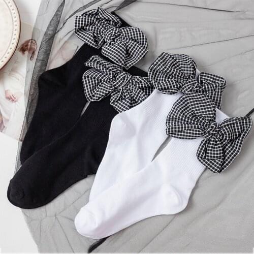 Plaid Big Bow Standard Socks Women Short Ladies Solid Pure White Sock Cute Female Striped Fashion Happy Casual Harajuku Girl Sox