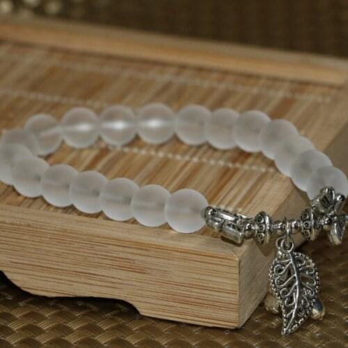 Wholesale price white frosted matte crystal round beads 8mm Tibet silver plated pendant bracelet for women jewelry 7.5inch B2173