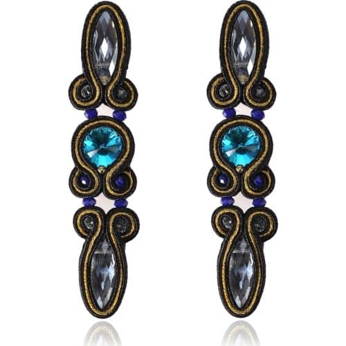 Soutache Handmade Vintage earrings for women Long Drop earring blue shiny crystal decorate black Unique design fasion jewellery