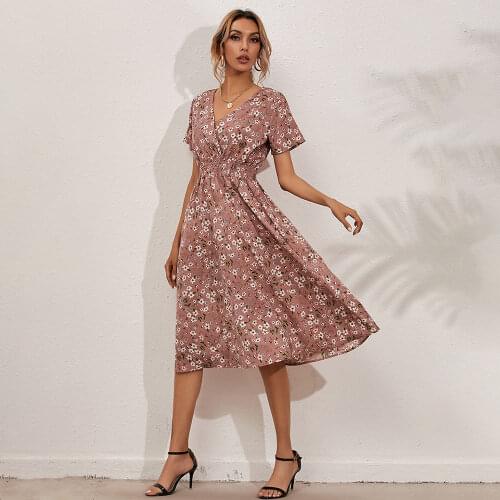 Summer Women Floral Shirred Wrap Dress Casual Print A-line Dress Short Sleeve Dresses 2021 New High Waist Bohemian Midi Dresses
