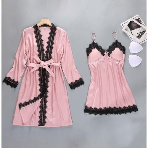 Sexy Lace Silk Women Robe & Gown Set Satin Sleep Dress+Bathrobe Two Piece Robe Suit Bridesmaid Wedding Sleepwear Femme Homewear