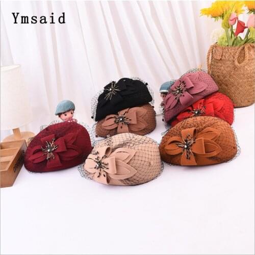 NEW Womens Hats Red Flowers Black Veil 100% Wool Pillbox Hats Beret Hats for Women Formal Dress Cocktail Race Wedding Hat Fedora