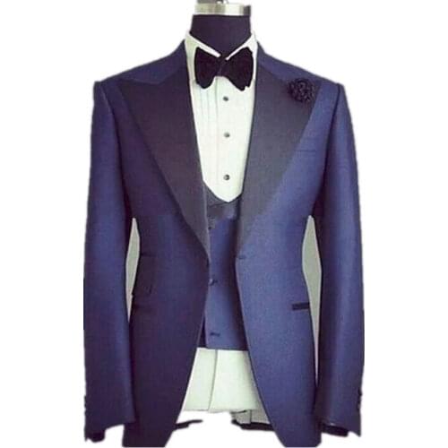 Bule Fashion Men Suits Custome Homme Tuxedos New Arrival 2020 Terno Slim Peaked Lapel One Button Blazer(Jacket+Pant+Bowtie+Vest)