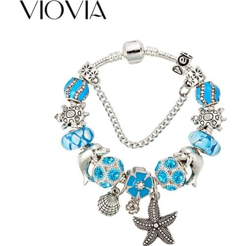 VIOVIA 2019 Ocean Style Takı Blue Crystal Glass Bead Charm Bracelet & Bangle European Charm Bracelet Fits Brand Bracelet B17064